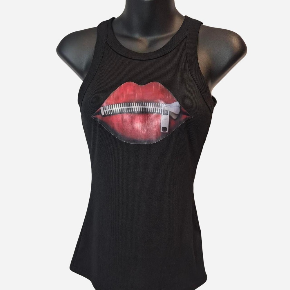 CBR Black Ribbed Tank‎ Top Red Lips Zipper Graphic Sleeveless Shirt